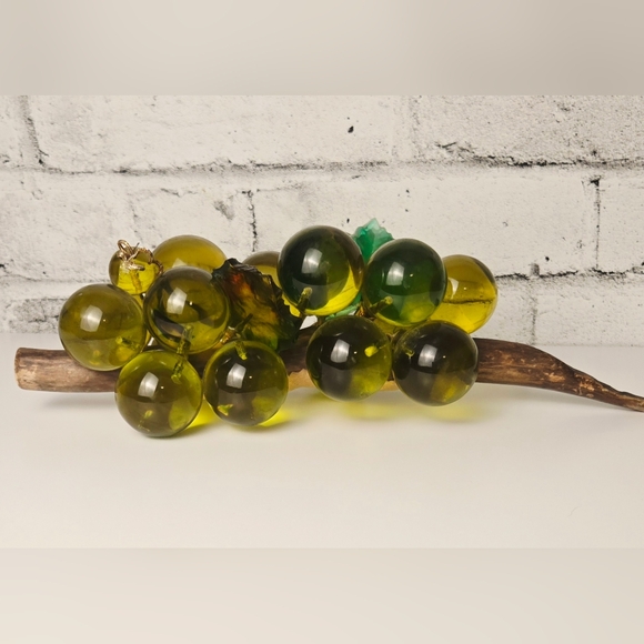 Vintage Green Glass Grape Cluster Sculpture on Wood Stem 13.5” - Picture 3 of 15